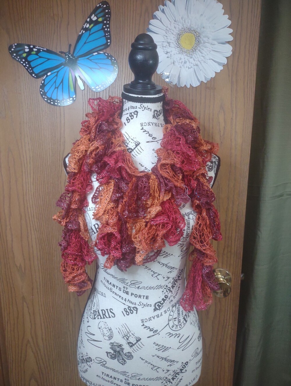 Autumn Ruffled Crochet Scarf - Multi Red and Orange - Picture 5 of 5